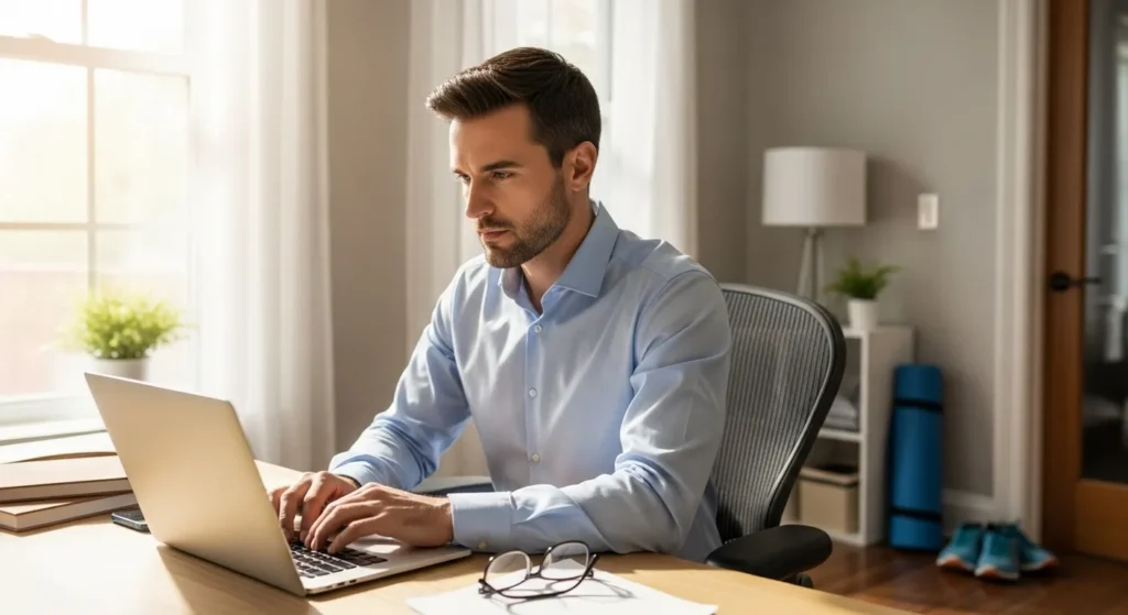 A person sits at a clean desk in a sunlit home office, focused on their laptop. A yoga mat and running shoes are visible in the background.