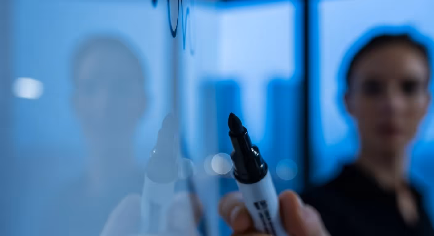 An extreme close-up of a marker tip on a whiteboard, with the profile of a person presenting in an office at dusk visible in the background.