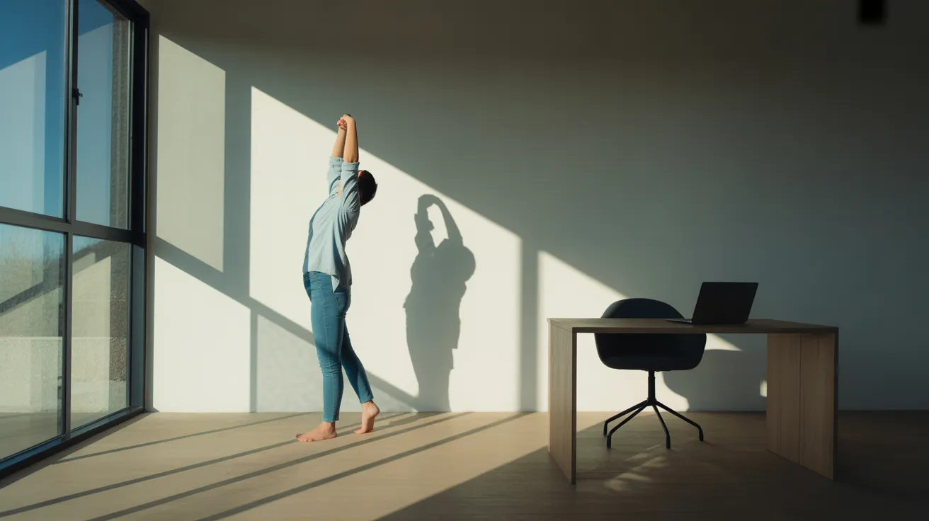 A person stretches by a sunlit window in a wide-shot of a home office. Harsh midday light creates strong shadows on the floor and walls.