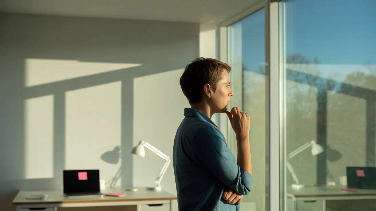 A person looks out the window of a sunlit home office. Their neat desk with a single sticky note on a laptop is visible in the background.