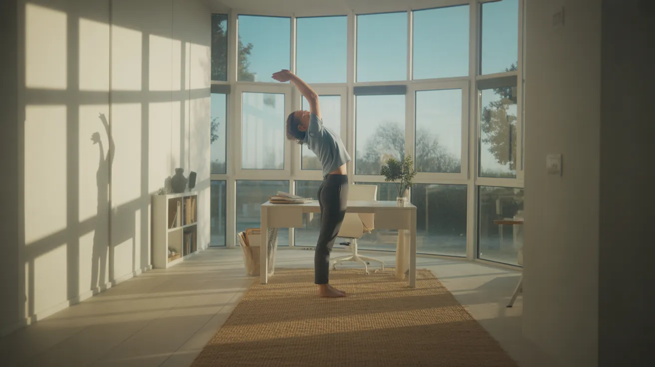 A wide view of a sunlit home office with a person stretching near the window. The room has a clean desk and strong shadows from the bright midday ligh