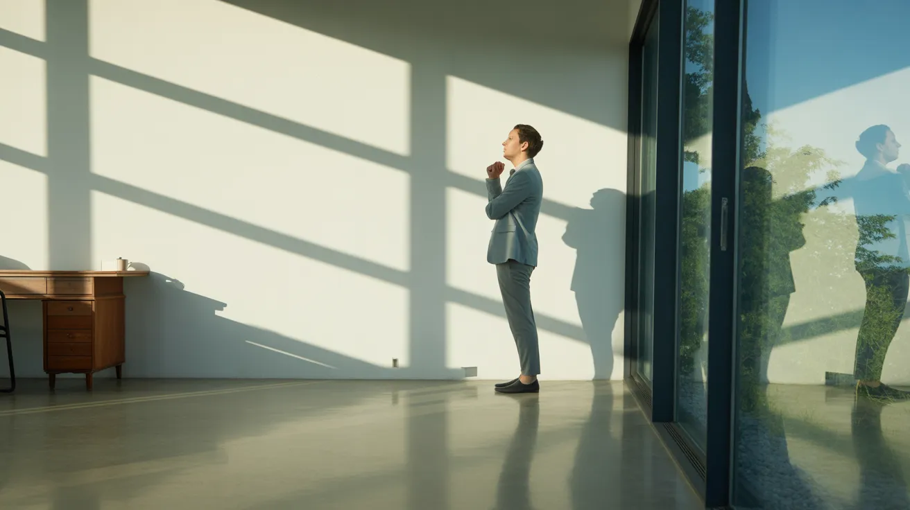 A person stands by a large window in a sunlit home office, taking a break from their work desk visible in the background.