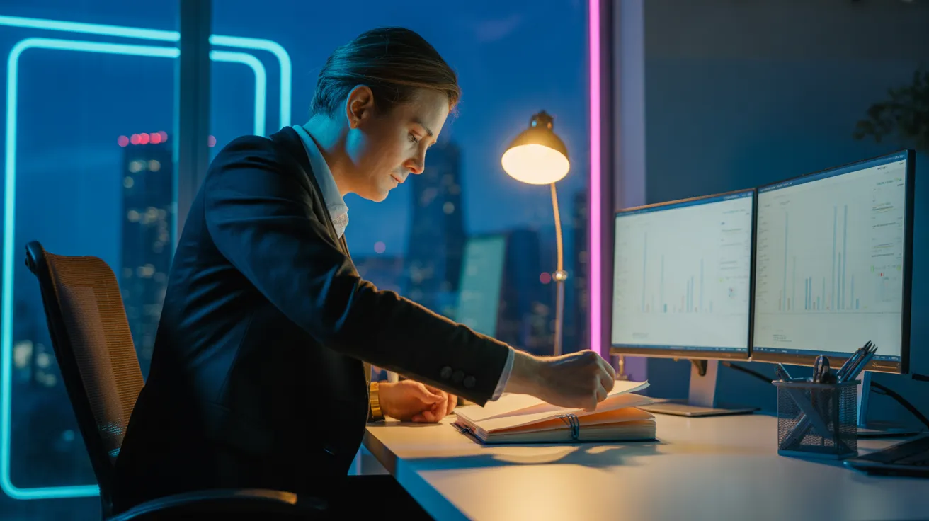 A person in a sleek office at night, illuminated by neon city lights and a desk lamp, using a planner beside dual computer monitors.