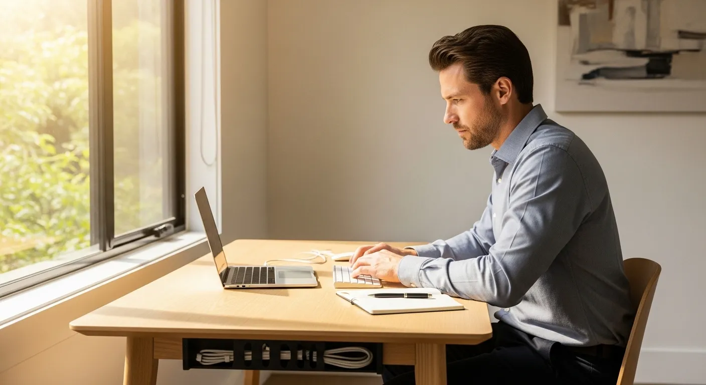 A person works at a clean, organized desk in a sunlit home office, demonstrating a productive, clutter-free environment.
