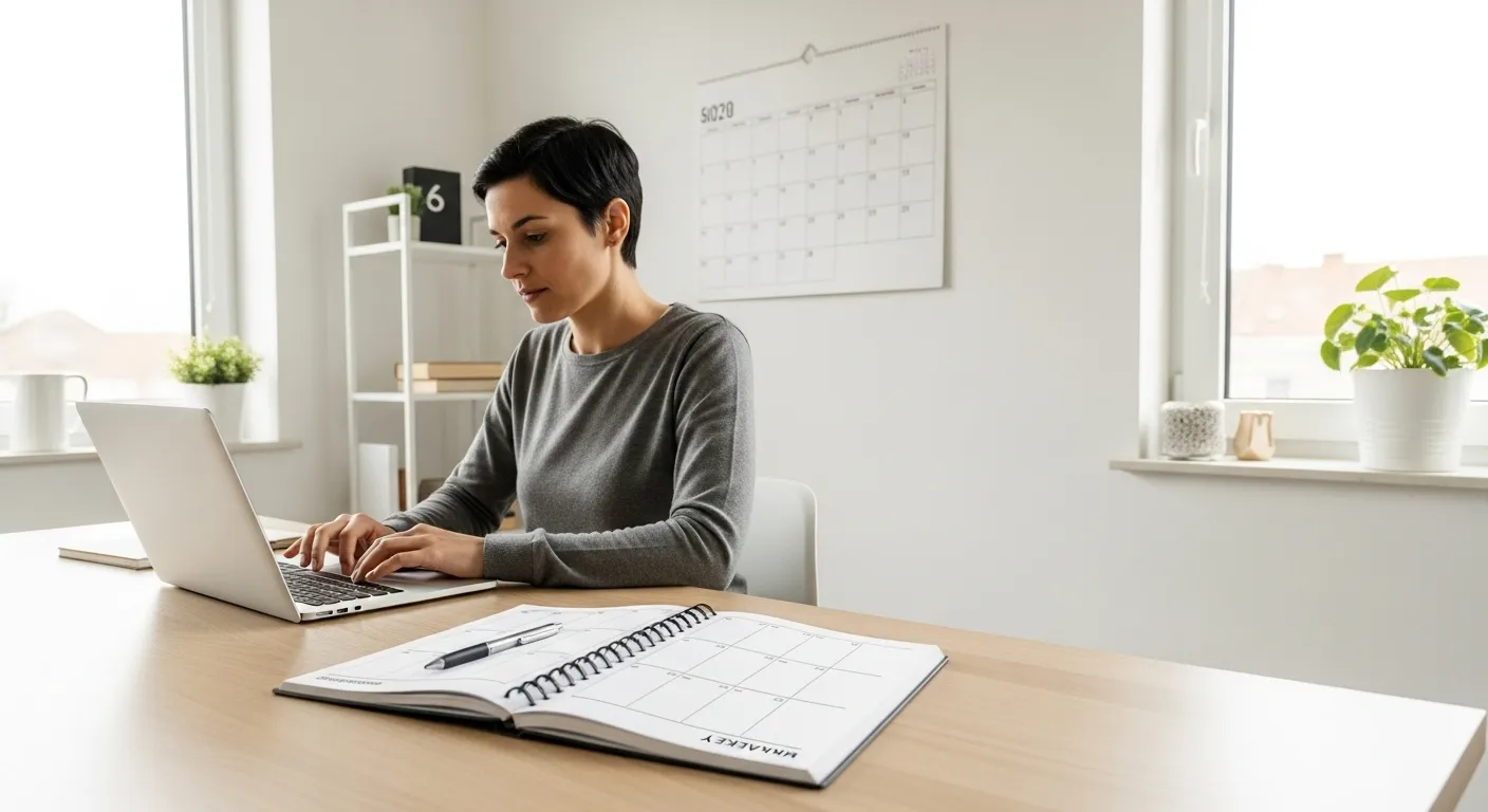 A professional sits at a tidy wooden desk by a window, focused on their laptop. An open planner and a wall calendar are part of the organized workspac