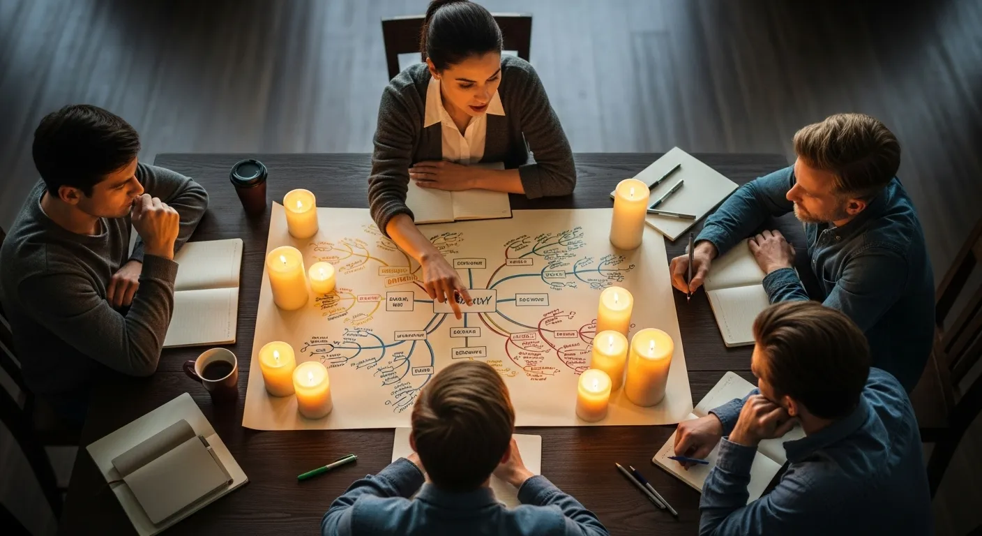 An overhead view of a team brainstorming session around a table lit by candles, with one person pointing to a central diagram.
