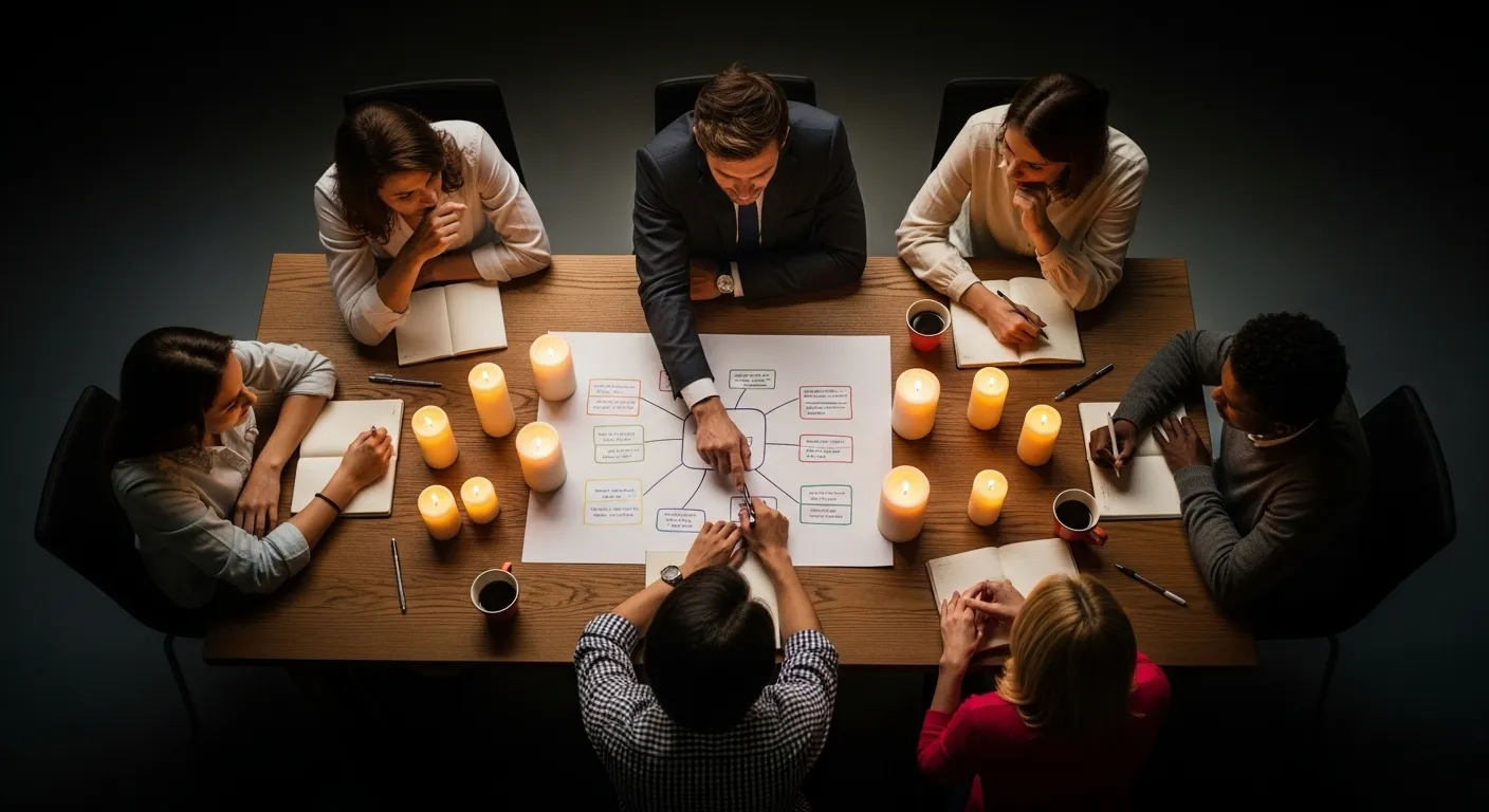An overhead view of a team at a conference table, brainstorming in a dark room lit only by candles, with the leader at the head.