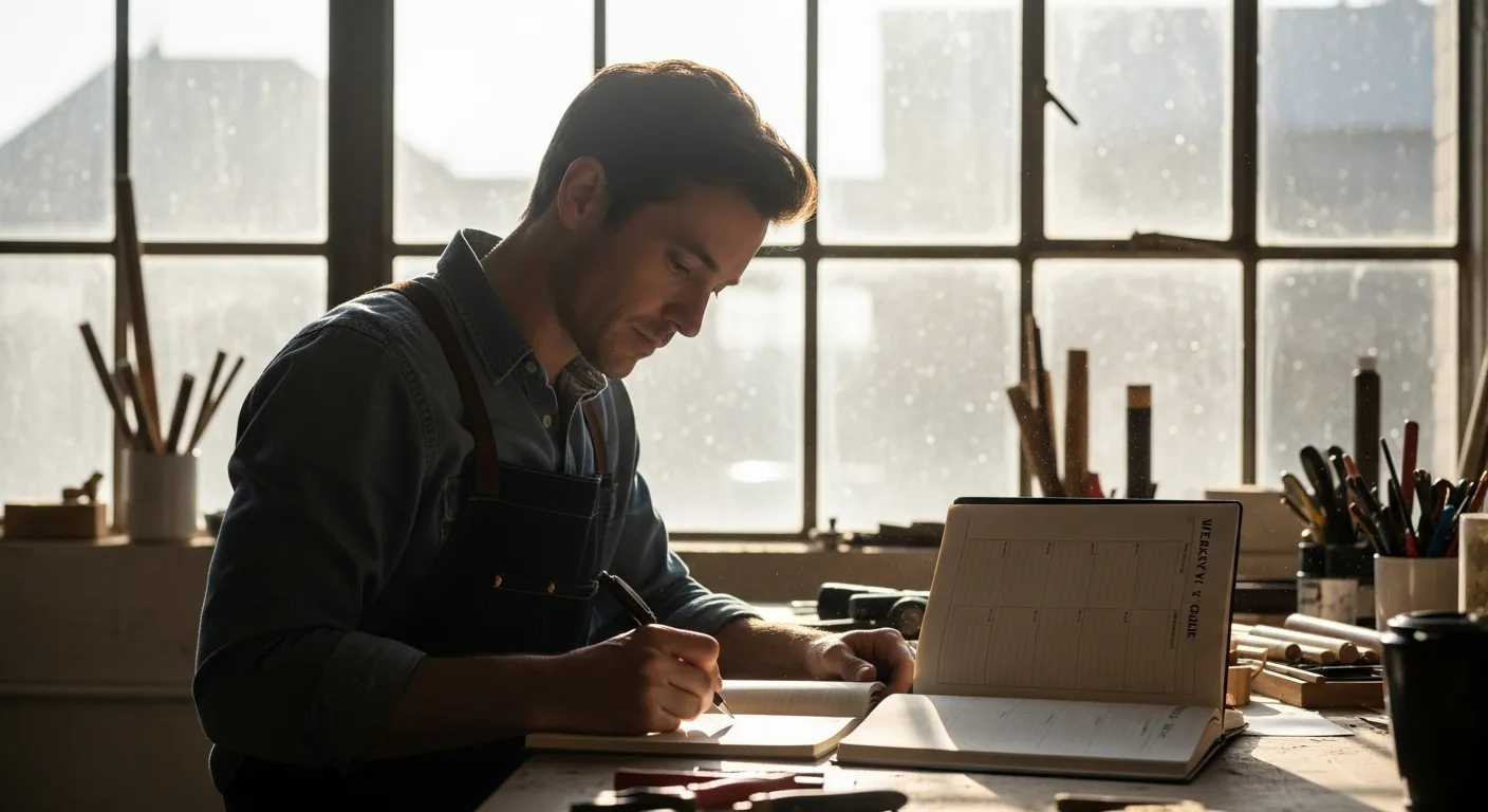 A person with a pen writes in a notebook at a sunlit table during a professional workshop, backlit by a window.