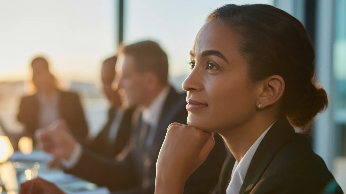 Close-up profile of a professional woman listening intently in a meeting room, backlit by the warm glow of a setting sun.