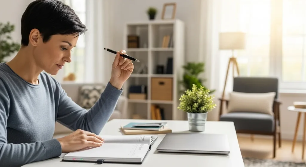 Wide shot of a professional sitting at a tidy, modern desk in a sunlit room, looking at an open planner next to a closed laptop.