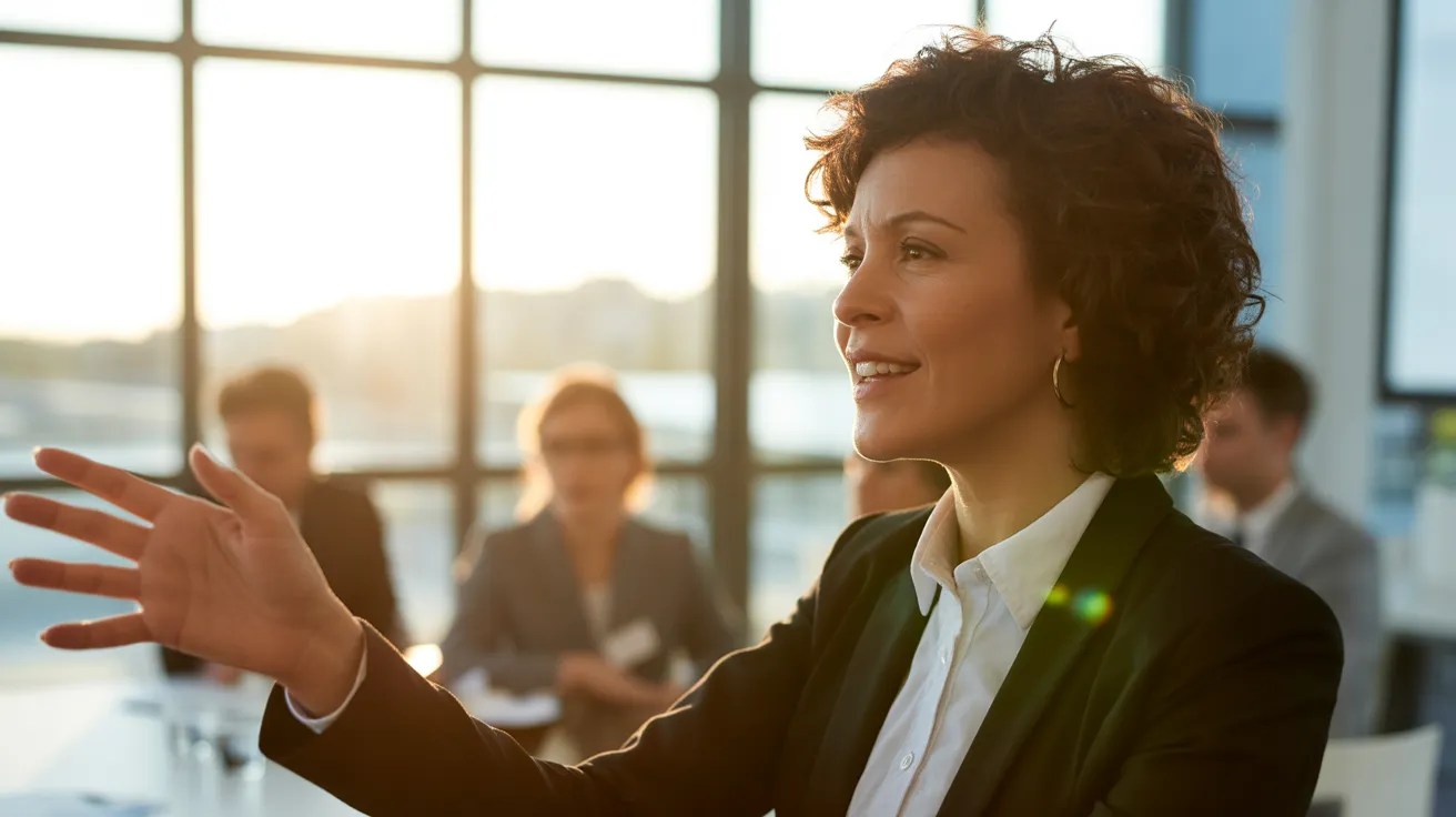 A woman in business attire presents to her team in a sunlit meeting room during late afternoon.