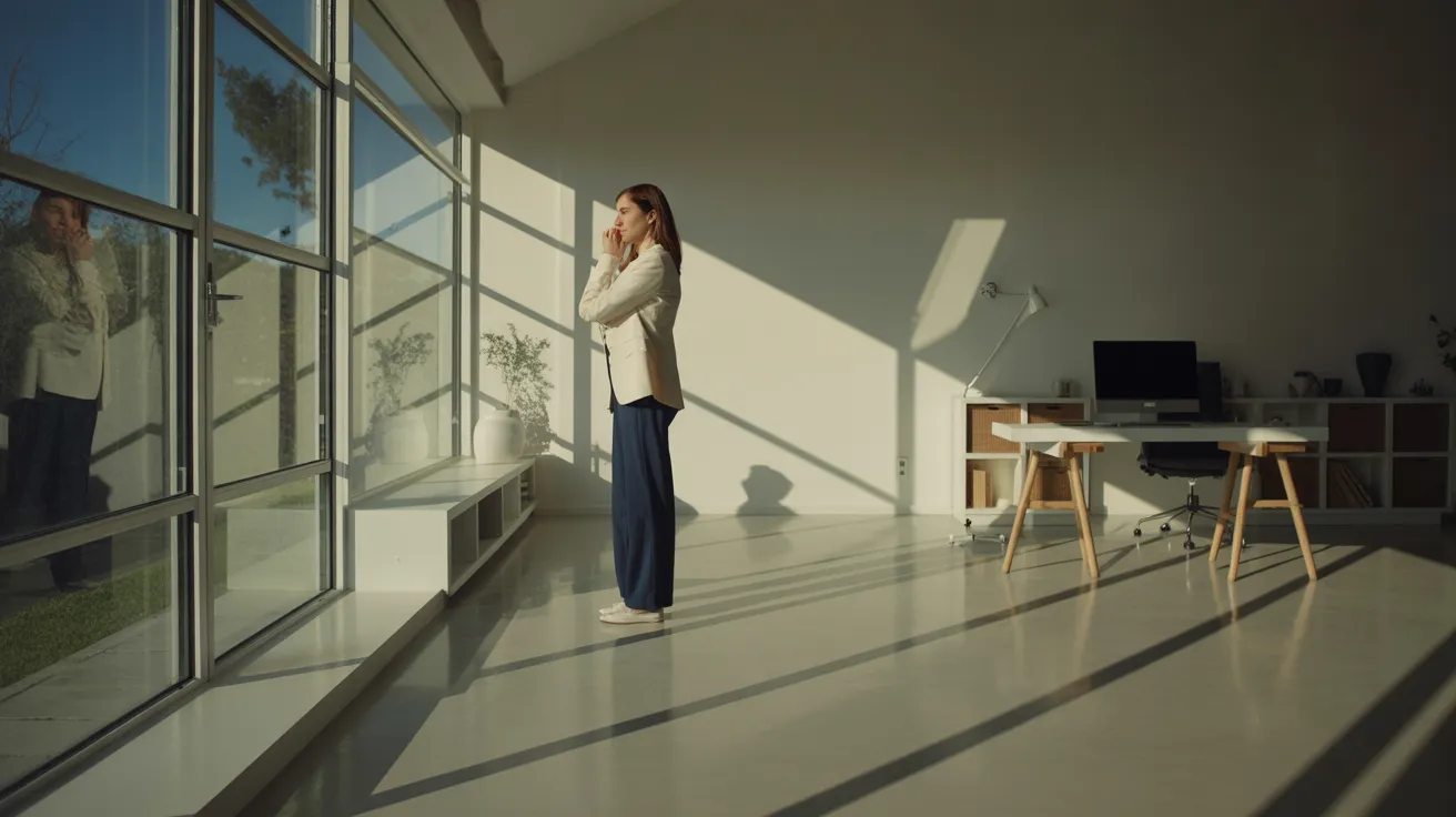 A woman in professional attire stands by a large window in a spacious home office. Strong sunlight creates sharp shadows on the floor.