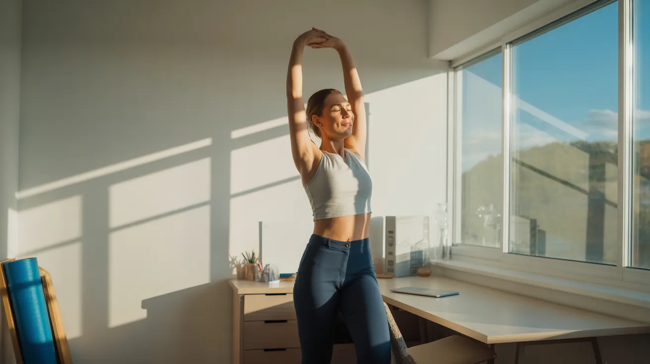 A woman stretches in a sunlit home office. An ultra-wide view shows the entire room, including her desk and a window with harsh light.