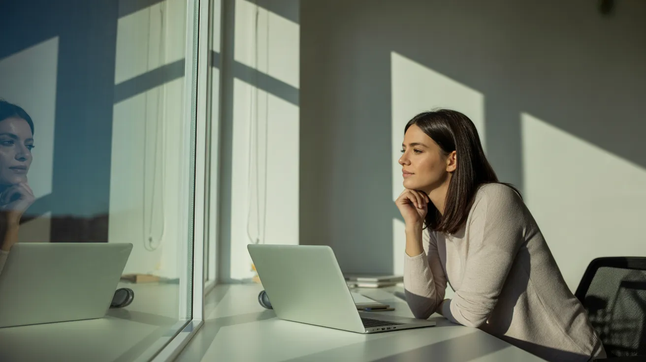 A woman in a tidy home office takes a break, looking out a sunlit window. Her desk is neat and her laptop is closed.
