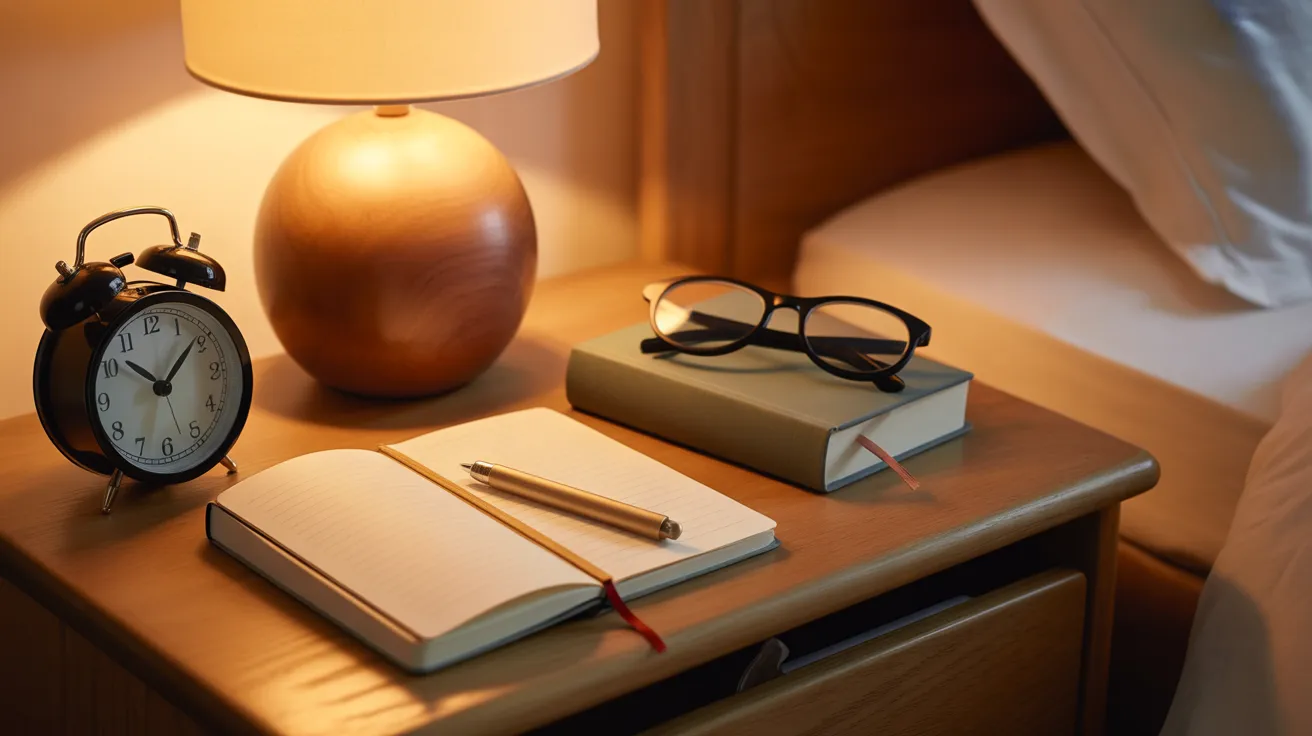 A cozy bedside table with an analog clock, book, journal, and reading glasses under the warm glow of a lamp, set up for an evening routine.