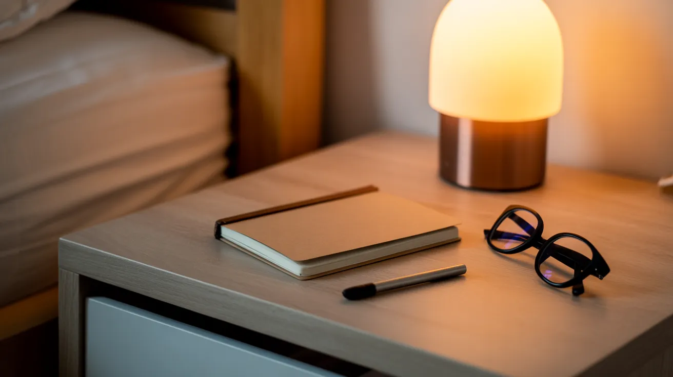 A simple notebook and pen lie next to reading glasses on a bedside table, warmly lit by a small lamp.