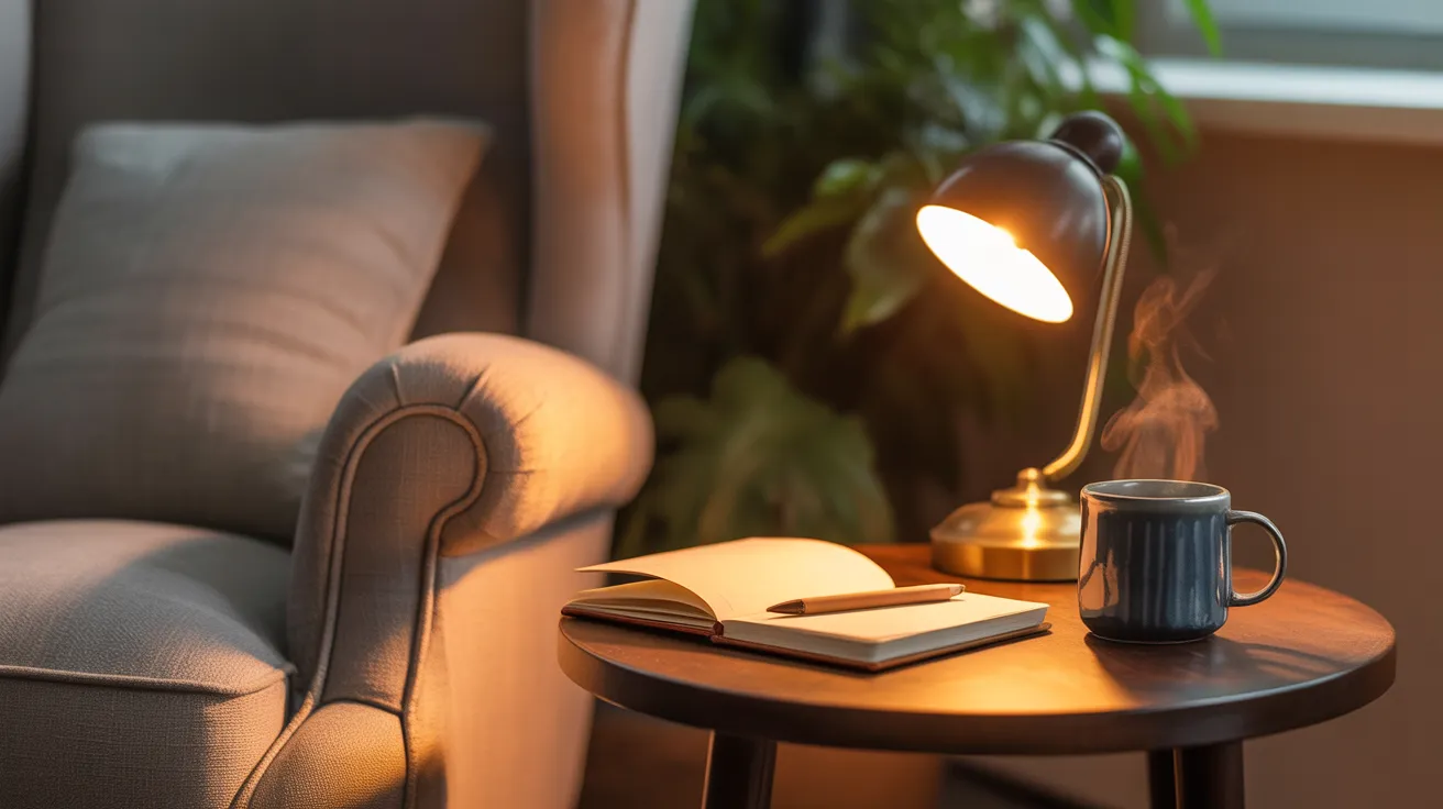 A cozy corner with an armchair, a side table with a lamp, a closed journal, a pen, and a warm drink, ready for an evening routine.