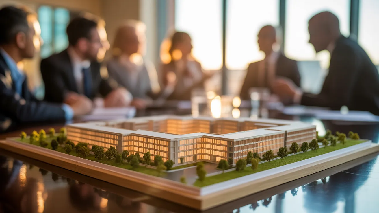 A detailed architectural model on a conference table during a meeting, with dramatic golden hour lighting highlighting its form. People are blurred in