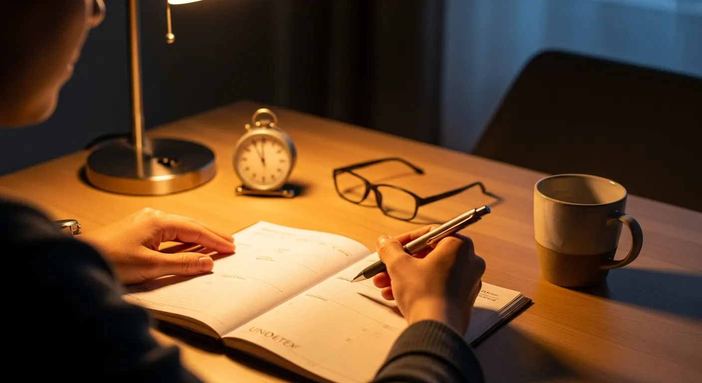 A person's hands make adjustments in a planner on a desk at night, next to reading glasses and a small timer.