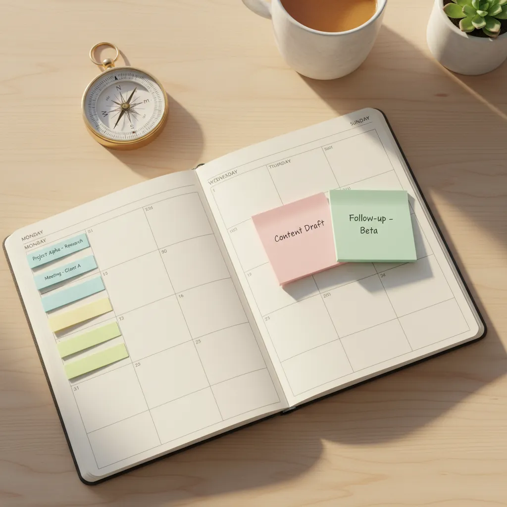 A top-down view of a planner with colorful sticky notes rearranged to show a flexible schedule, next to a compass on a wooden desk.