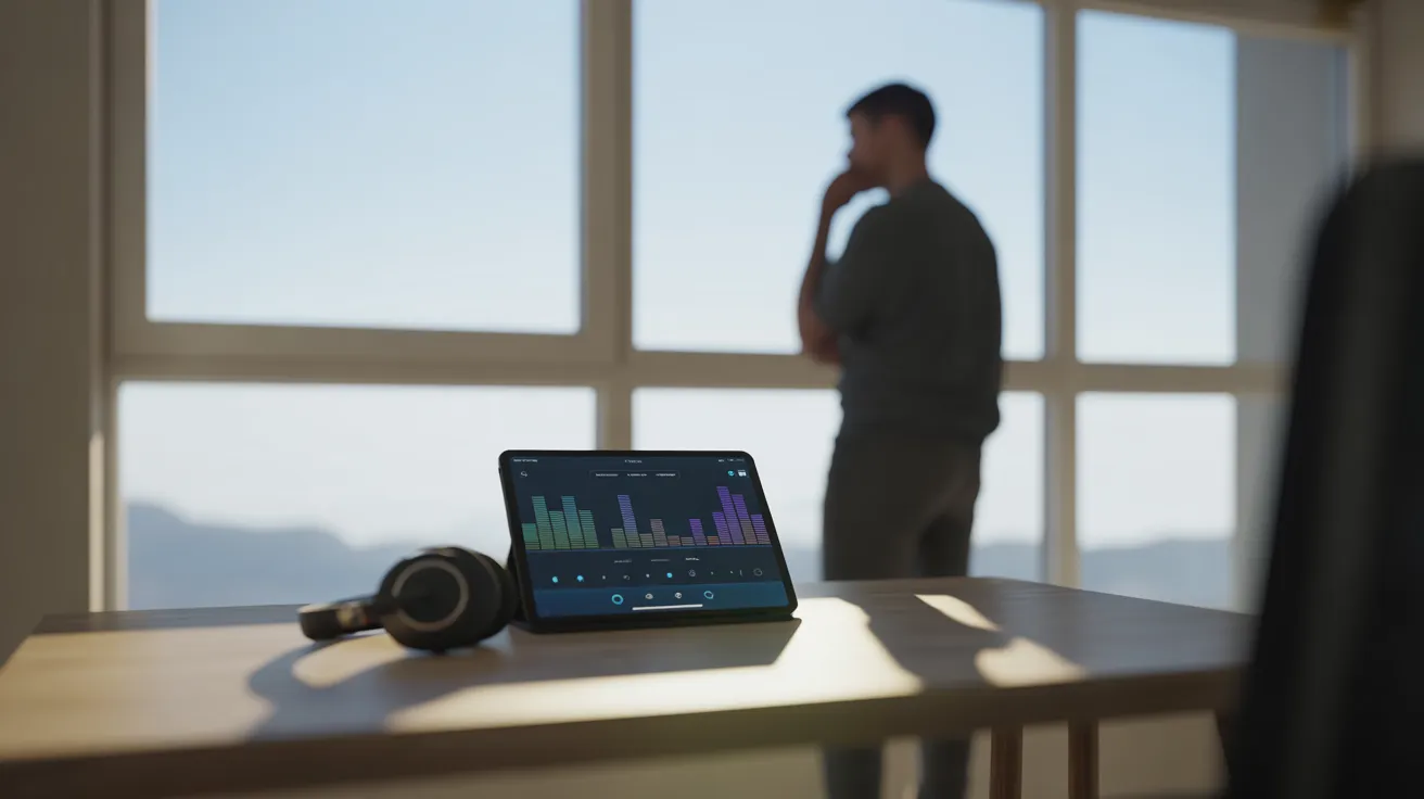 A person takes a break in a sunlit home office. A tablet on the desk shows a generic audio app interface.