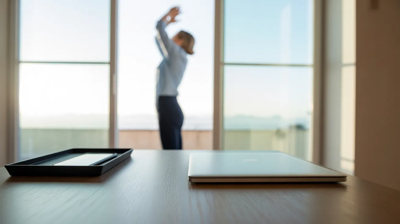 An ultra-wide view of a sunlit home office corner. A person stands stretching by the window, while a tidy desk with a device tray sits in the foregrou
