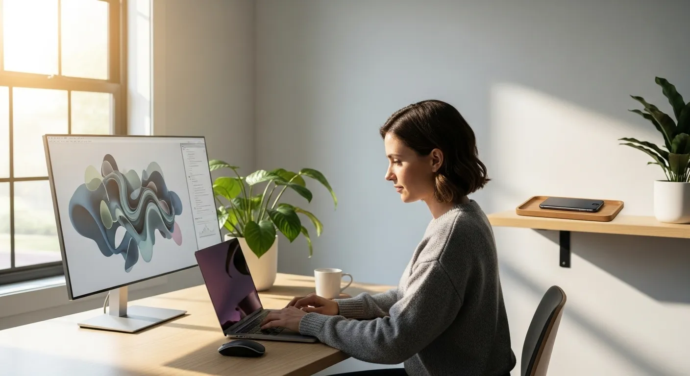 A professional working at a tidy desk in a sunlit home office, with a smartphone put away on a background shelf.