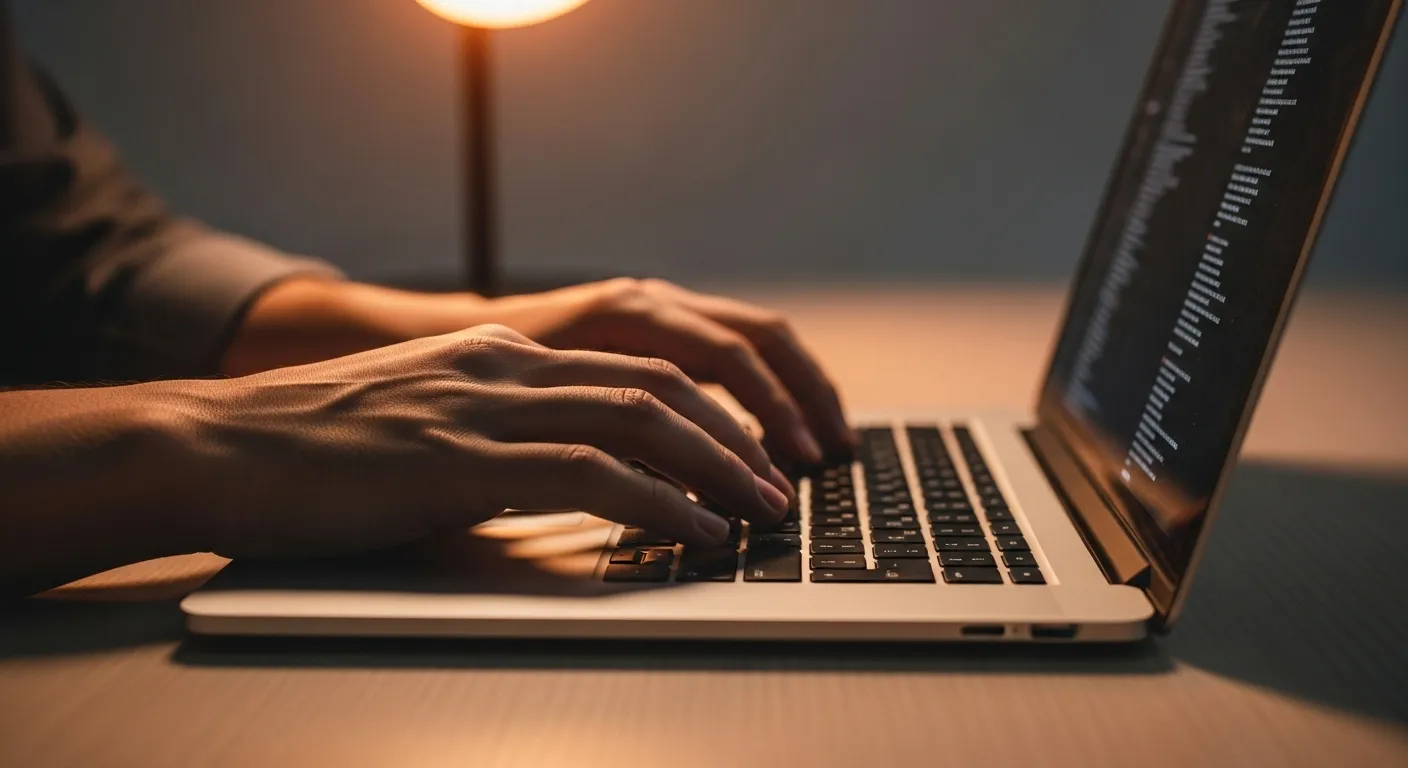 Close-up of a person typing on a laptop in a dimly lit room. The keyboard is lit by a warm desk lamp, and the screen is out of focus.