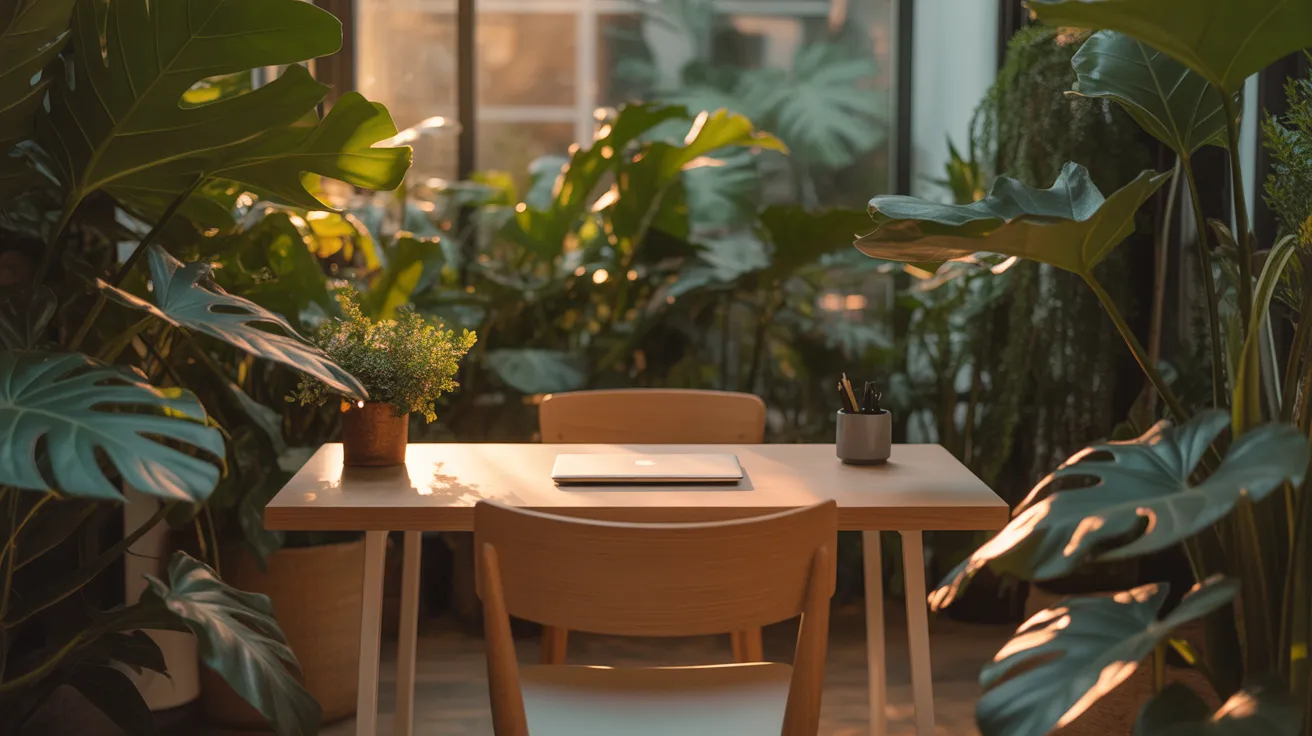 A calm home office corner where a desk is surrounded by large plants, creating a peaceful and focused work environment in the afternoon sun.