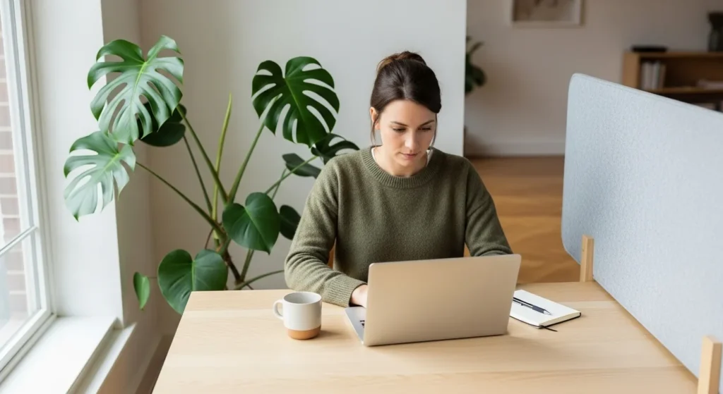 A woman sits at a tidy desk in a well-lit home office nook, with a large plant and a partition creating a zone of focus.