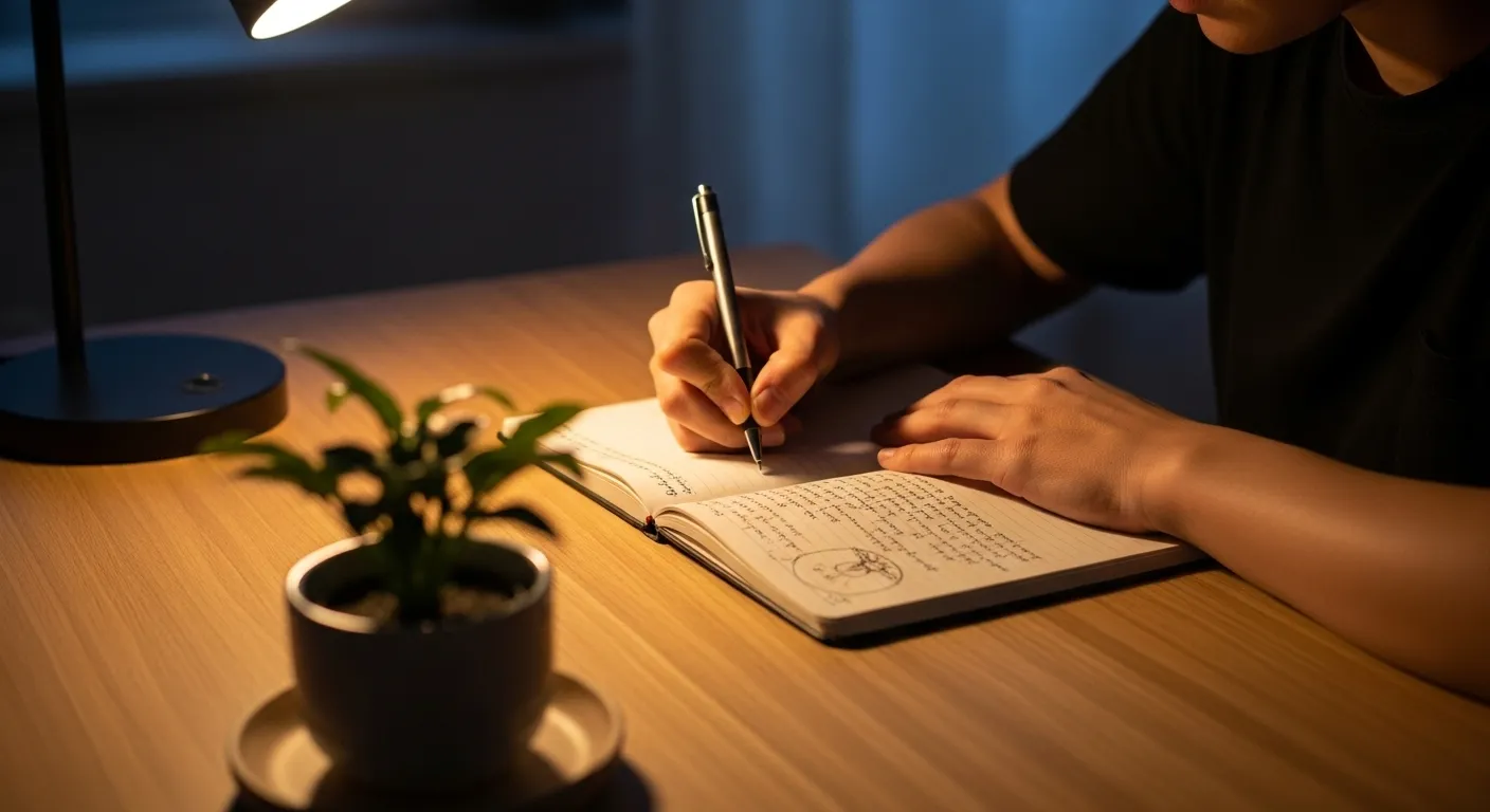 A person's hands writing in a planner on a desk, with a small green plant softly framing the foreground under warm lamplight.