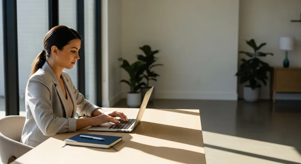 A woman in her 30s sits at a tidy, modern desk by a large window, focused on her laptop screen during the day.