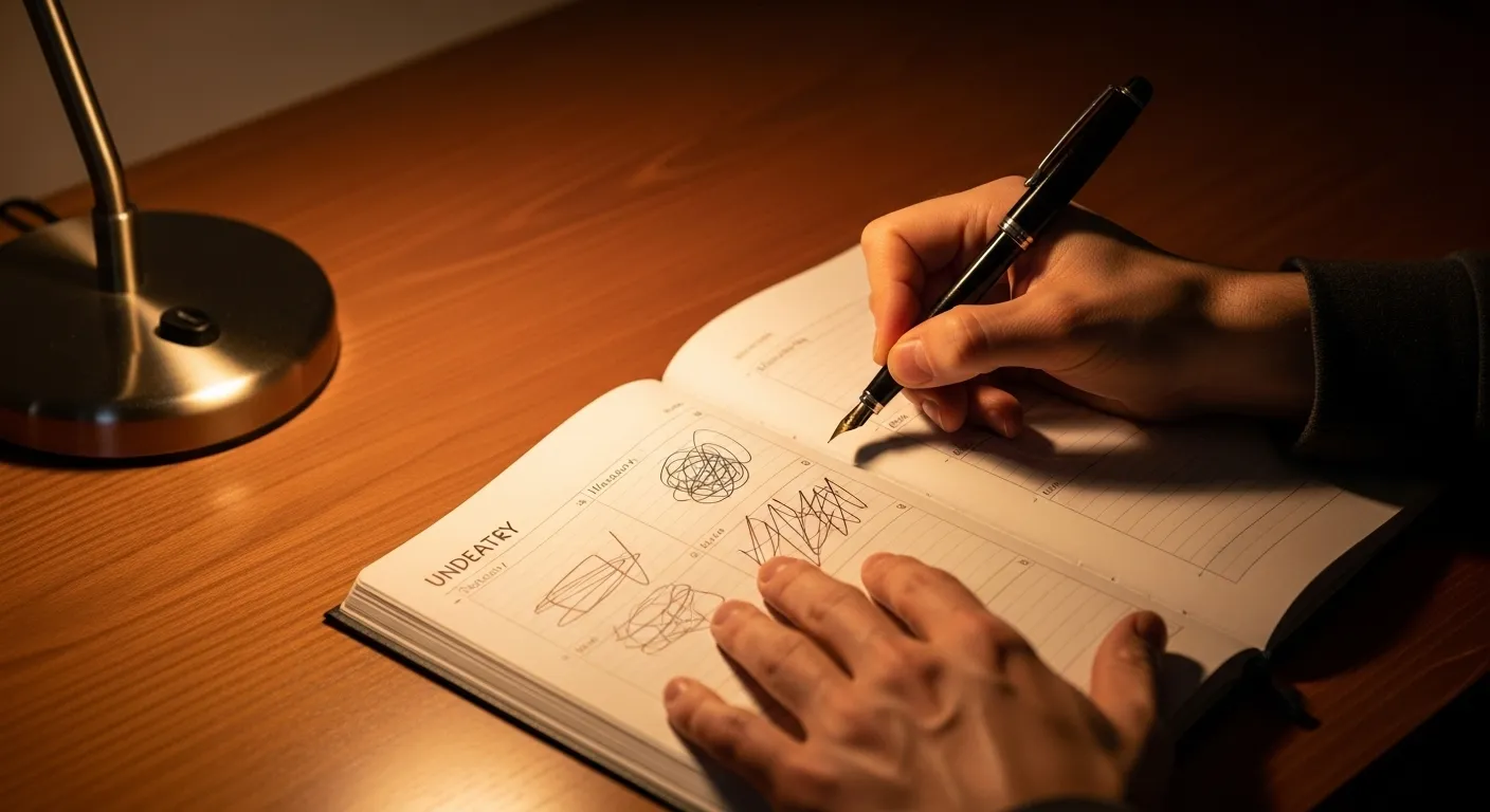 A close-up of a person's hands neatly writing in a planner on a wooden desk under the warm glow of a lamp in the evening.