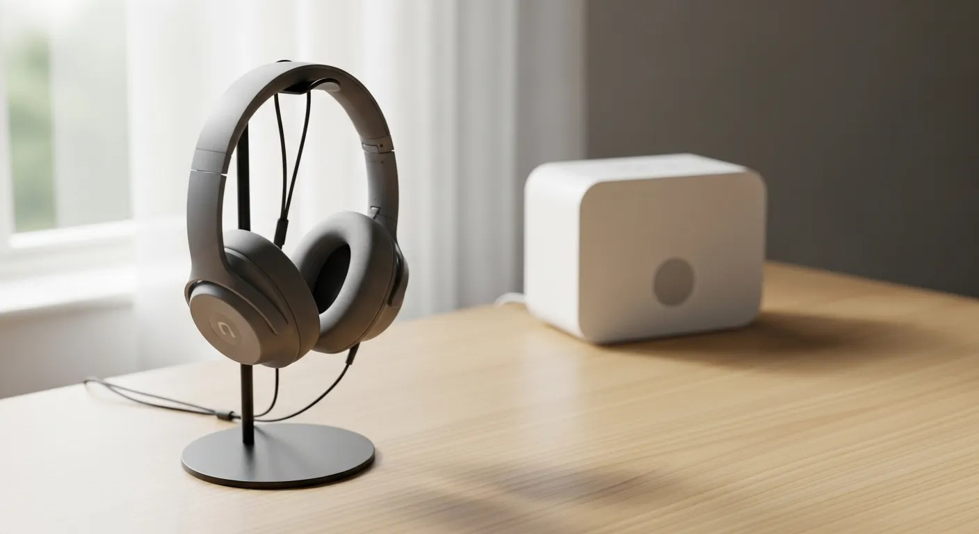 A pair of modern headphones on a stand next to a white noise machine on a clean desk, symbolizing a choice of sound for focus.