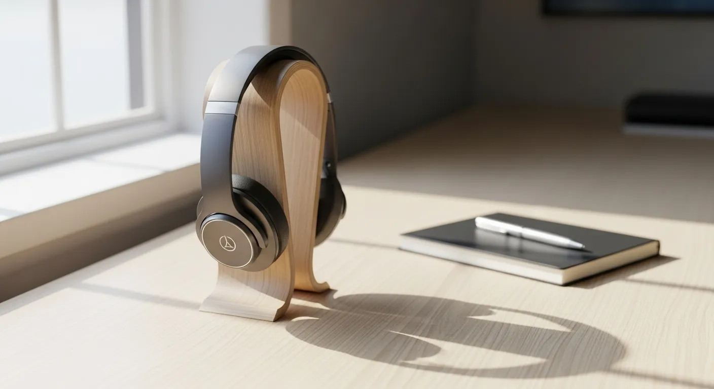 A pair of modern over-ear headphones rests on a stand on a clean desk beside a closed notebook, suggesting a setup for focused work.