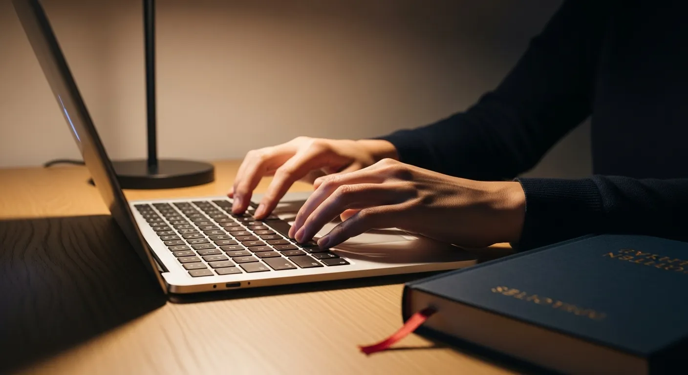 A person works on a laptop at a desk in the evening, lit by a warm lamp. A closed book with a bookmark sits nearby.