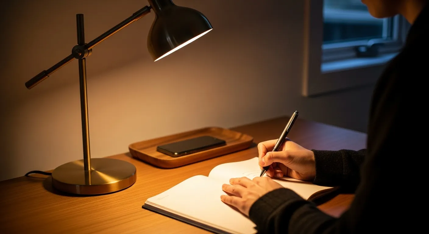 A person's shoulder and arm as they write in a notebook under a warm lamp, with a phone resting face down on a tray in the background.