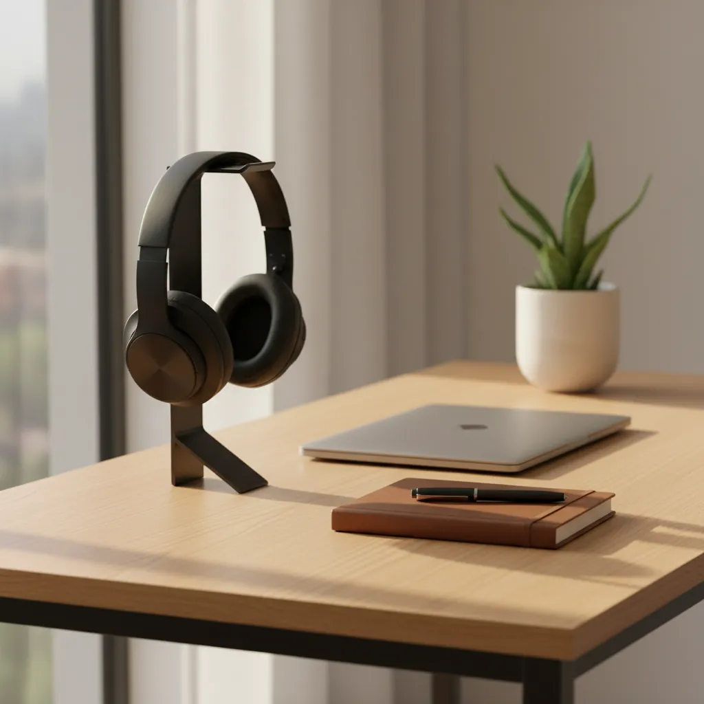 A tidy desk with headphones on a stand, a closed laptop, and a notebook, creating a serene workspace in the afternoon sun.