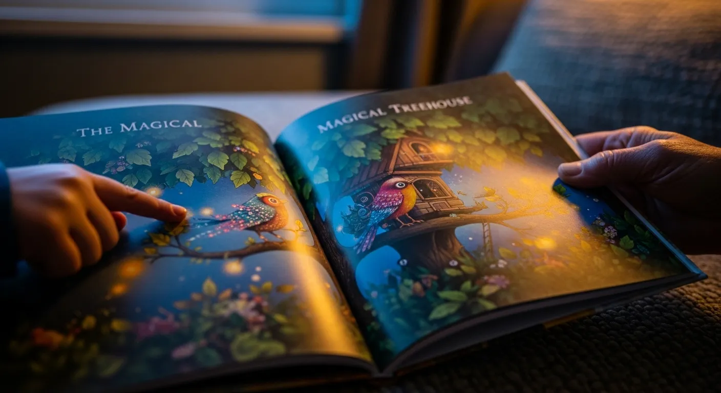 A close-up of a child's finger pointing at an illustration in a book held by an older person's hand on a sofa.