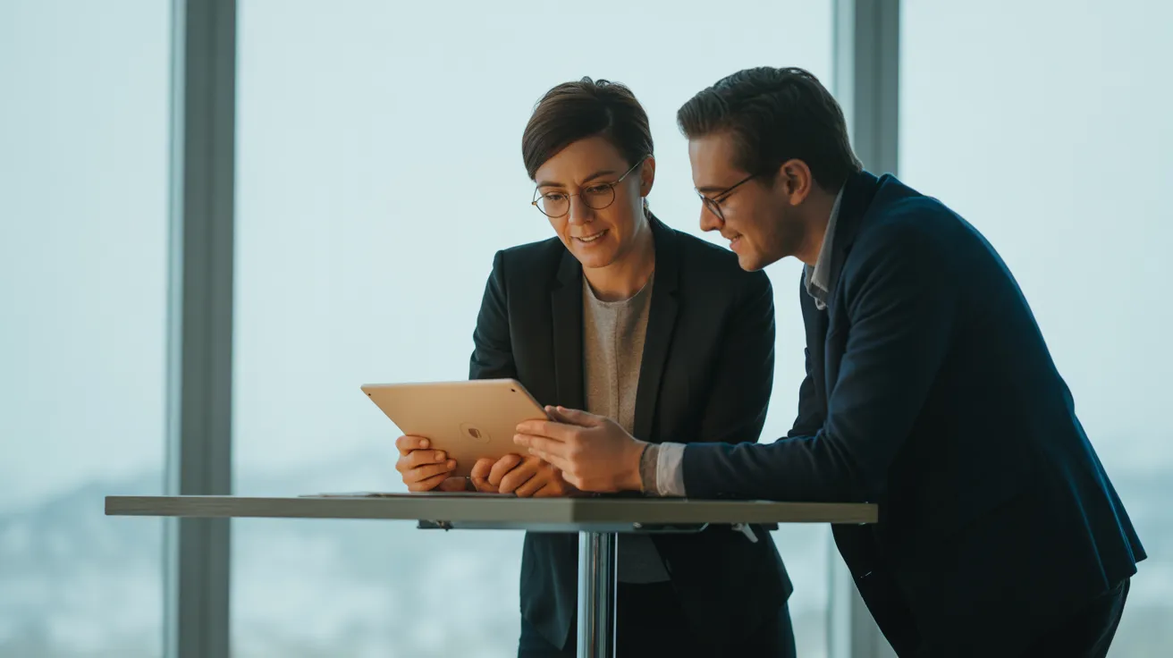 A man and a woman in business casual attire look intently at a tablet screen they are sharing in a modern office space.
