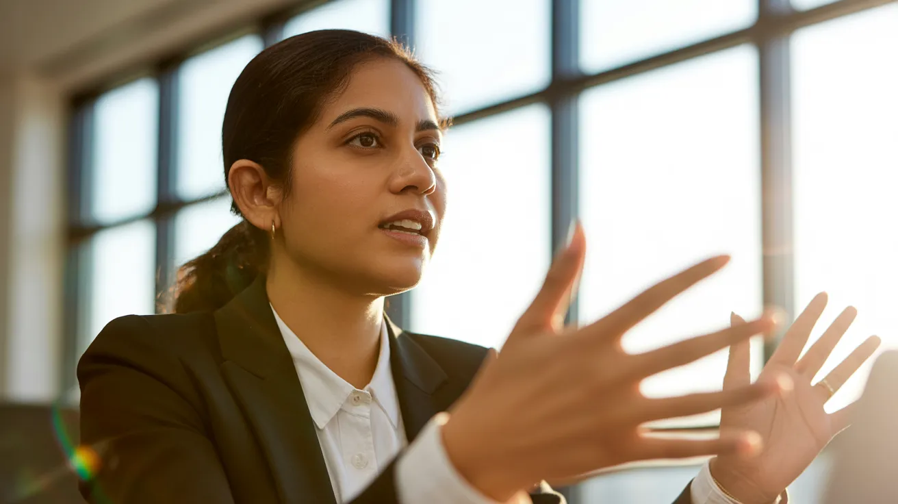 A professional woman leads a discussion in a sunlit meeting room during golden hour, with colleagues blurred in the background.