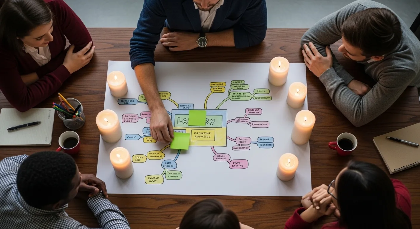 Top-down view of a leader and their team working on a mind map on a table illuminated by candles.