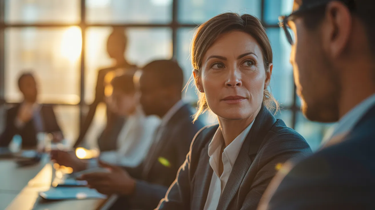 A professional woman in a meeting listens with focused attention, her face highlighted by the warm light of a sunset.