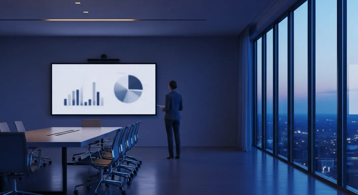 A professional woman stands alone in a conference room at dusk, looking at a screen with data visualizations.