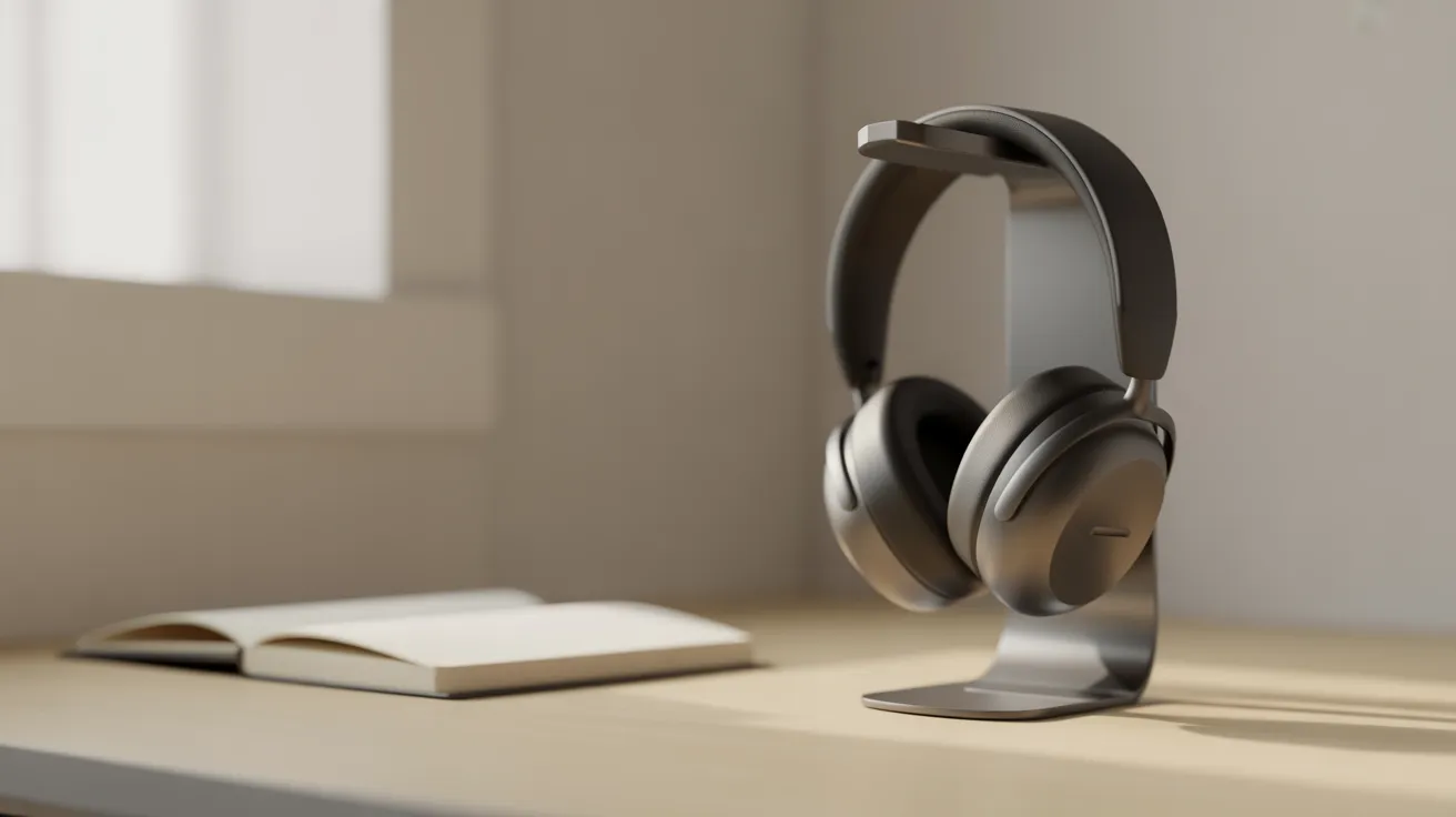 Minimalist over-ear headphones on a stand next to a closed notebook on a clean wooden desk, illuminated by soft morning light.
