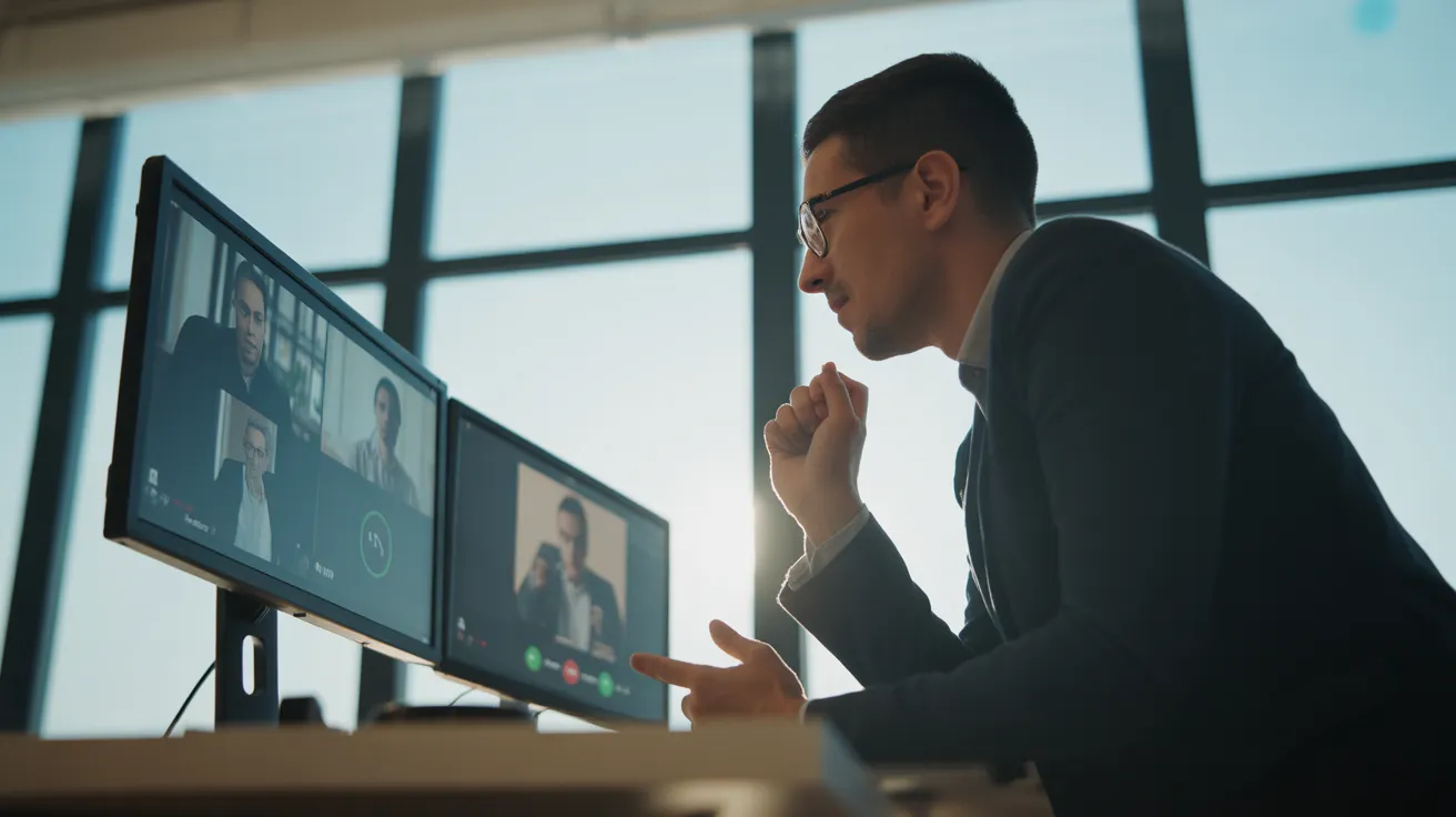 A person seen from a low angle at their dual-monitor desk, backlit by a window, focused on a professional video call.