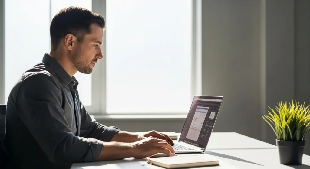 A person sits in profile at a clean desk, working on a laptop in a room filled with morning light. The desk is uncluttered.