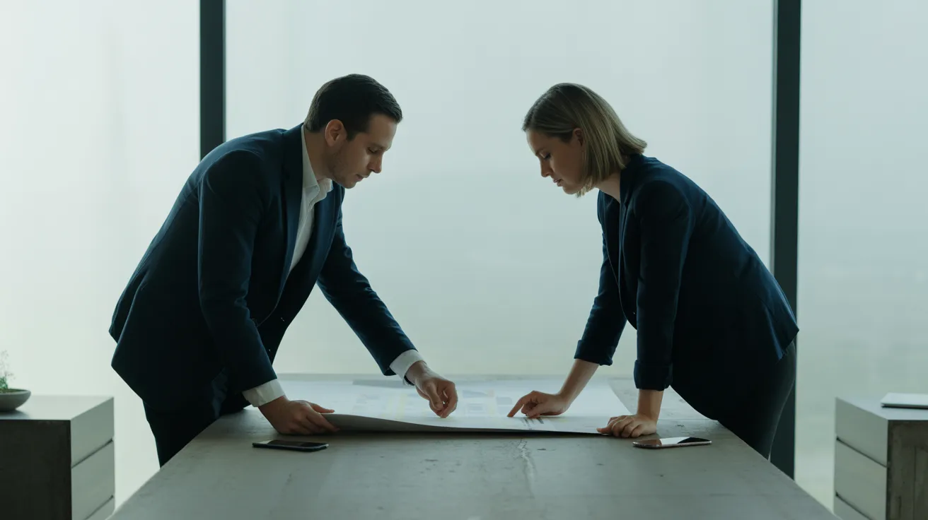 Two diverse colleagues discuss a large document at a modern table, with their smartphones set aside to maintain focus in a brightly lit office.