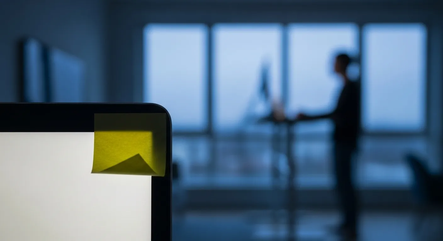 A close-up of a sticky note on a laptop, with a person practicing a presentation at a desk in the background during early morning blue hour.