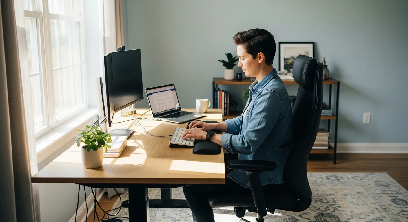A person sits at a white desk in a sunlit home office, focused on typing on a laptop next to a large window.